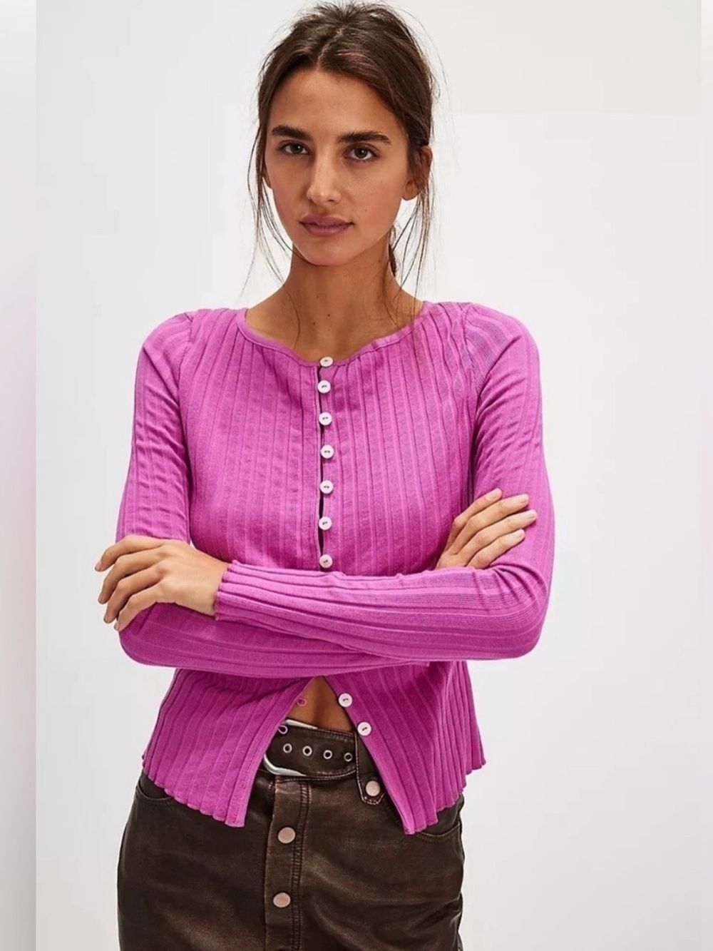Free People Pink Tilly Ribbed Button-Down Long Sleeve Top size Large